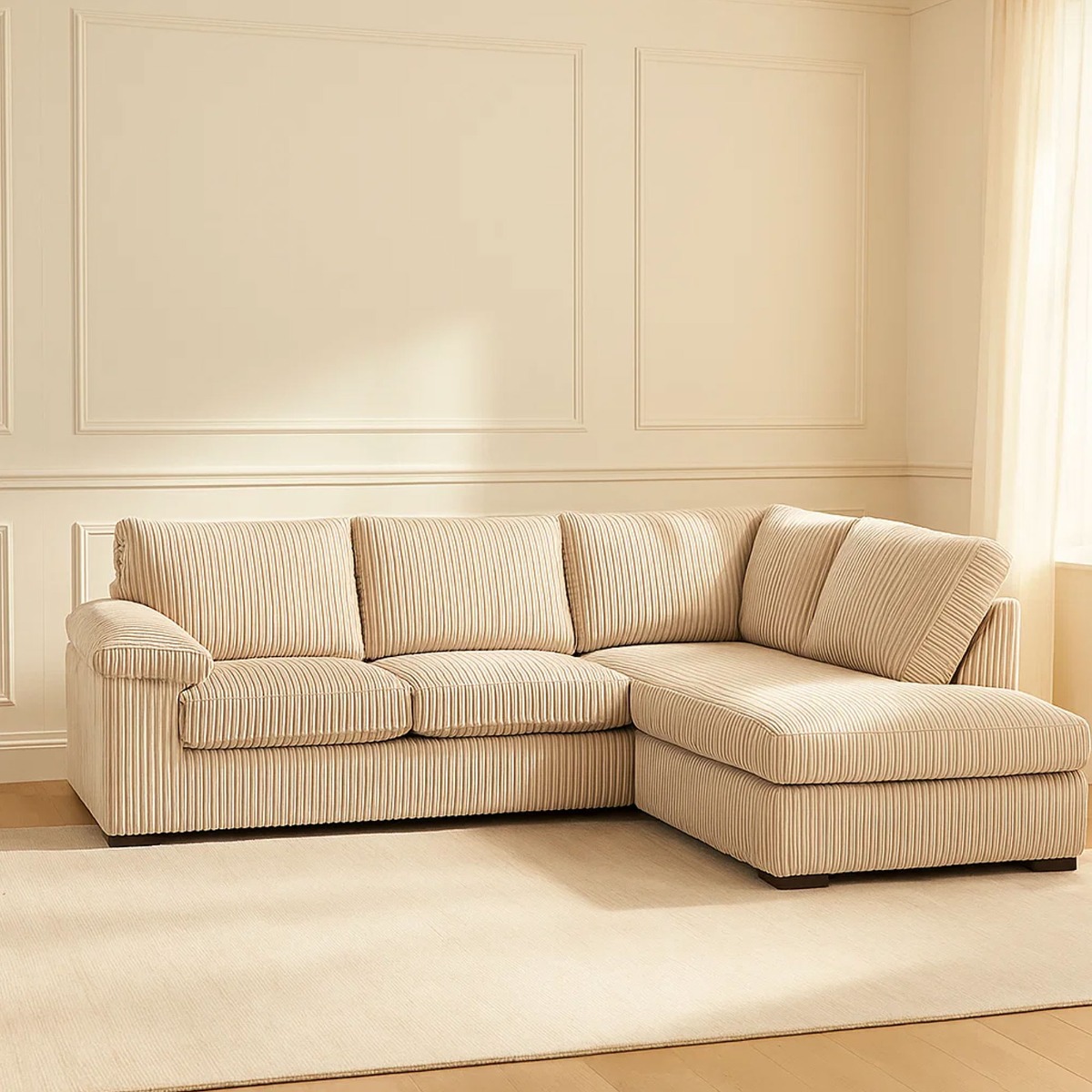 AMALFI Large Jumbo Cord Fullback Corner Sofa - L Shaped - Right Hand Facing - Cream