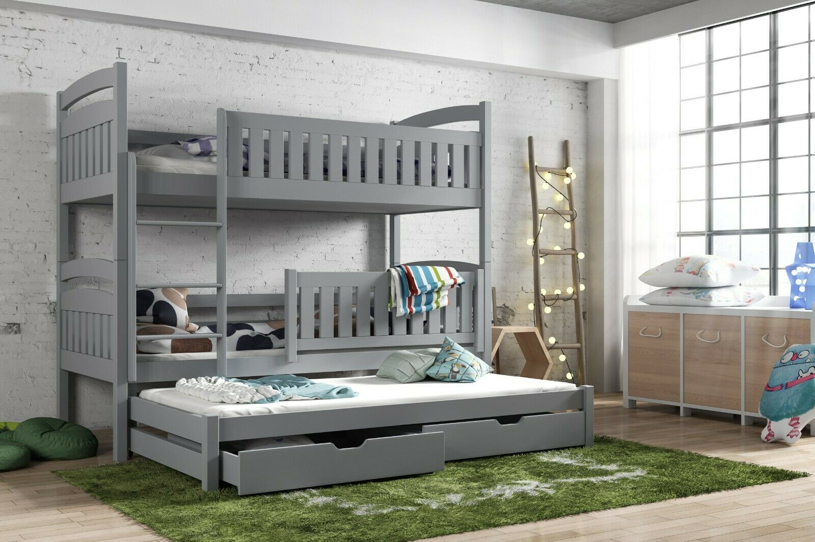Brenda Wooden 2 Drawers Bunk Bed with Trundle - Grey