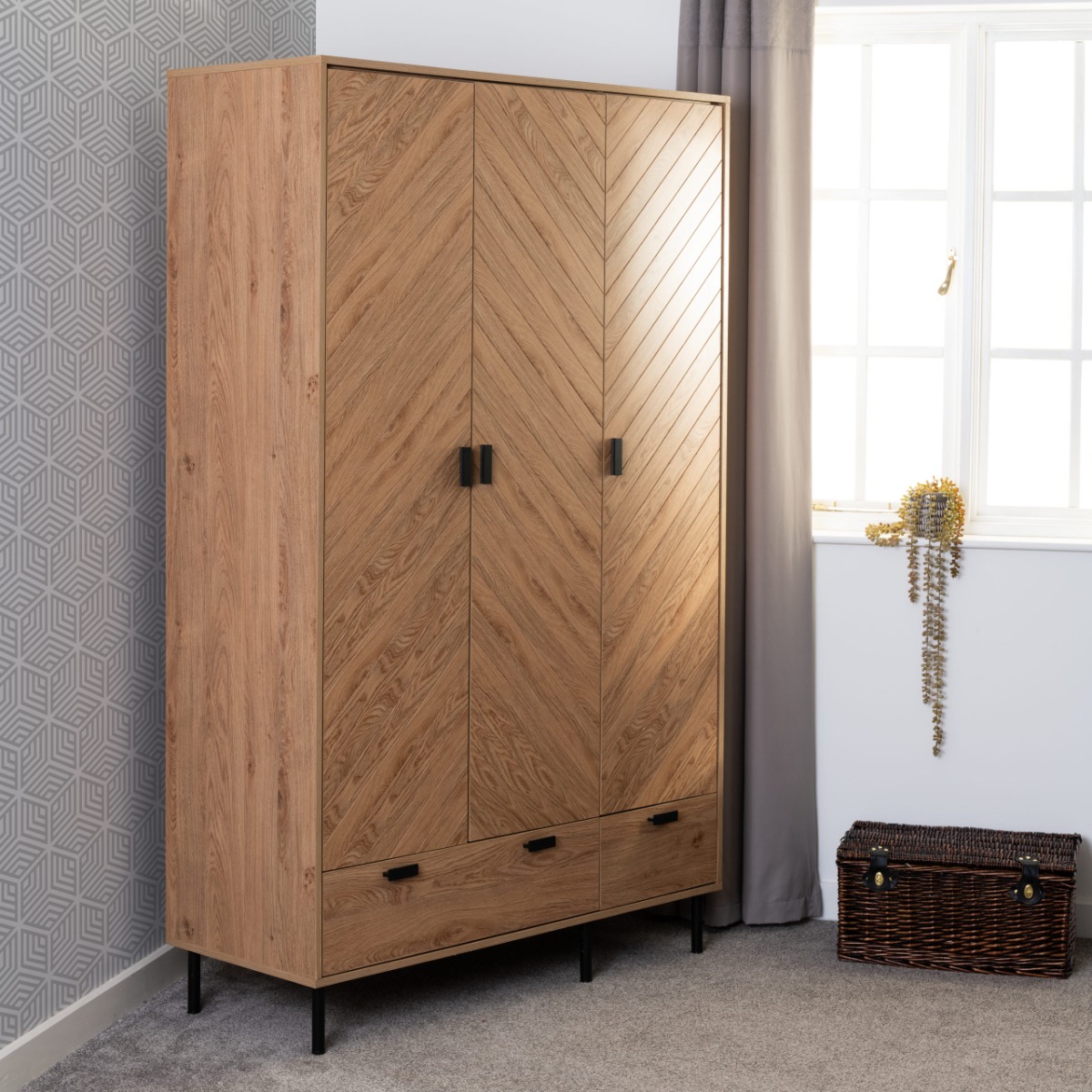 LETHBRIDGE 3 Door Wardrobe with 2 Drawers Oak - 118.5cm