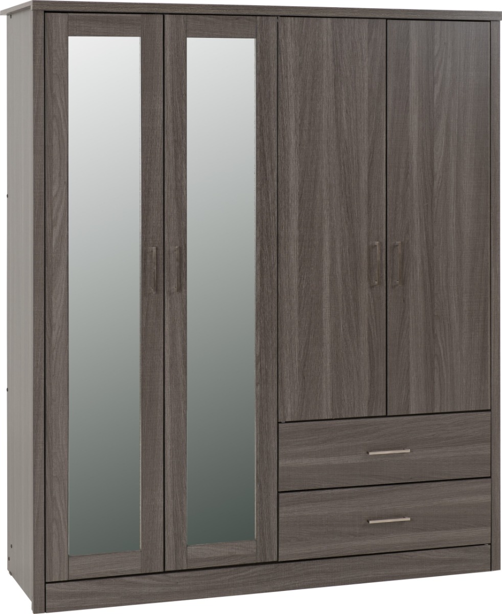 LISKEARD 4 Door Mirrored Wardrobe Grey Oak - 157cm