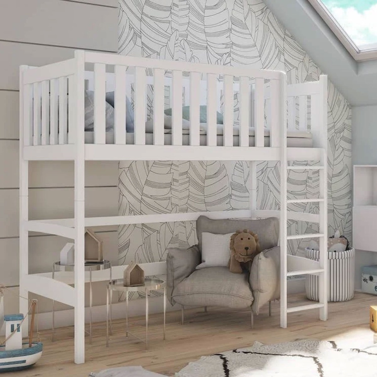Everett Felix Wooden Loft Bed with Foam/Bonnell Mattress - White