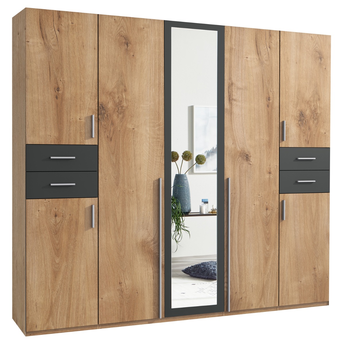 FENTON 5 Door Mirrored Wardrobe Finish Oak and Graphite - 225cm