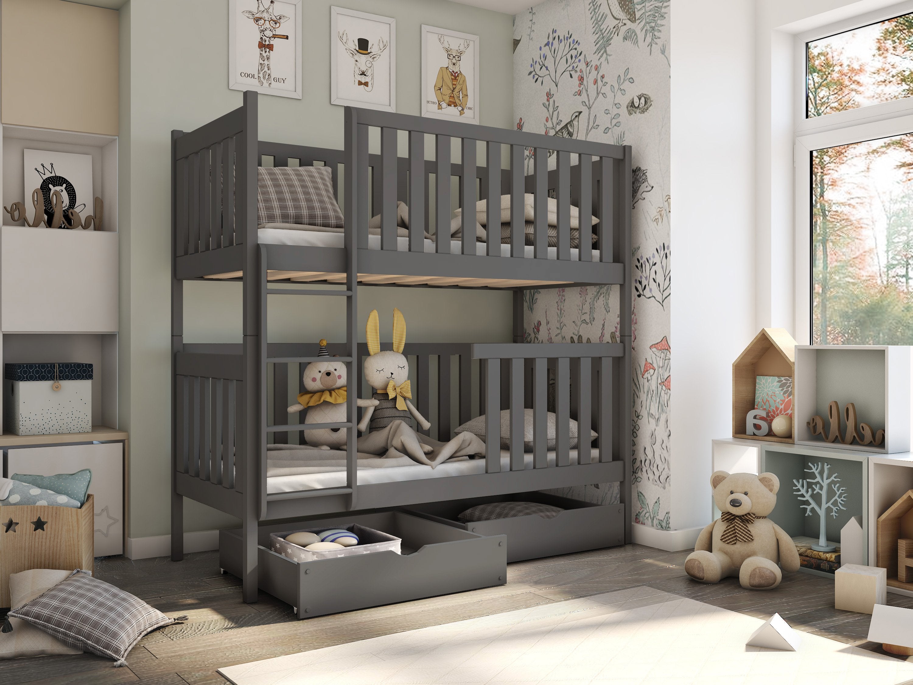 Edward 2 Drawers Storage Wooden Bunk Bed - Graphite