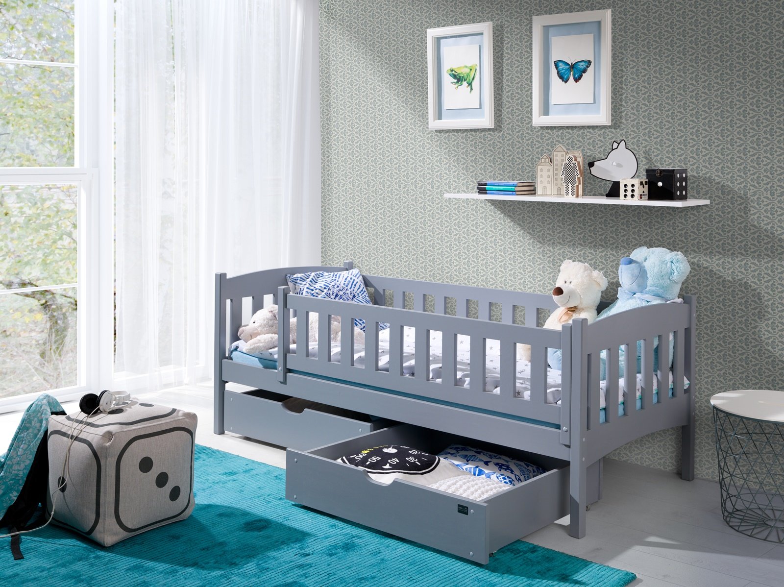 Arman Solid Wooden Single Storage Bed Frame with Foam Mattress - Grey