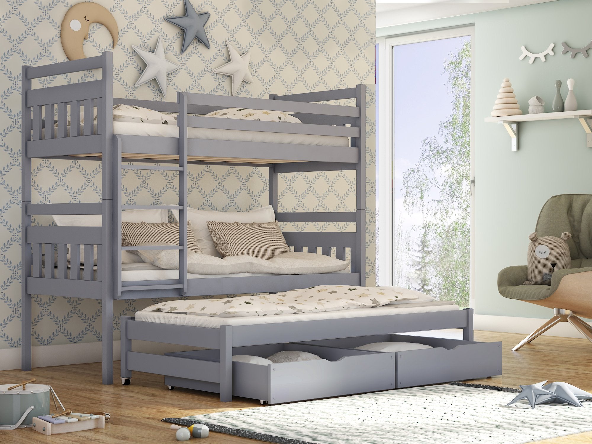 RYN Wooden 2 Drawers Storage Double Bed with Trundle - Grey