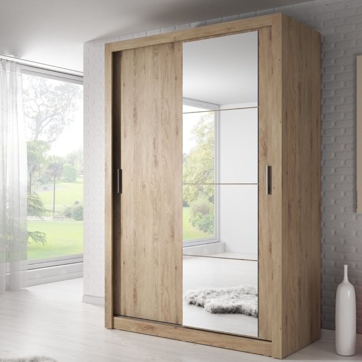 IRVINE 2 Door Mirrored Sliding Wardrobe Oak - 150cm