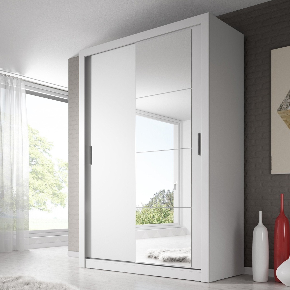 IRVINE 2 Door Mirrored Sliding Wardrobe White Matt - 150cm