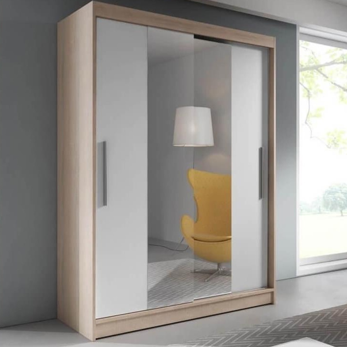 VERCELLI 2 Door Mirrored Sliding Wardrobe Light Oak and White - 150cm