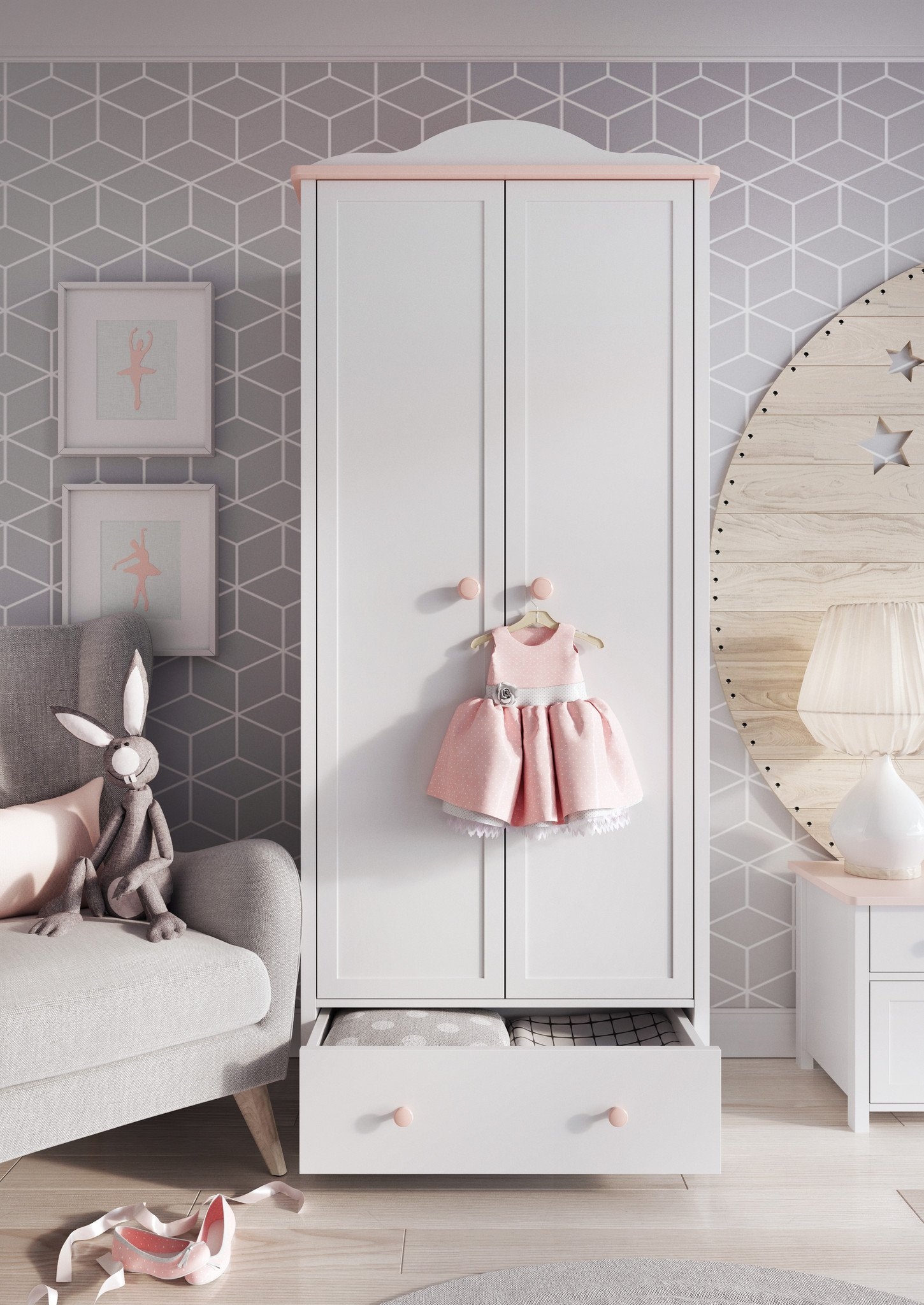 LISA 2 Door Kids Wardrobe with 1 Drawer White and Pink - 85cm
