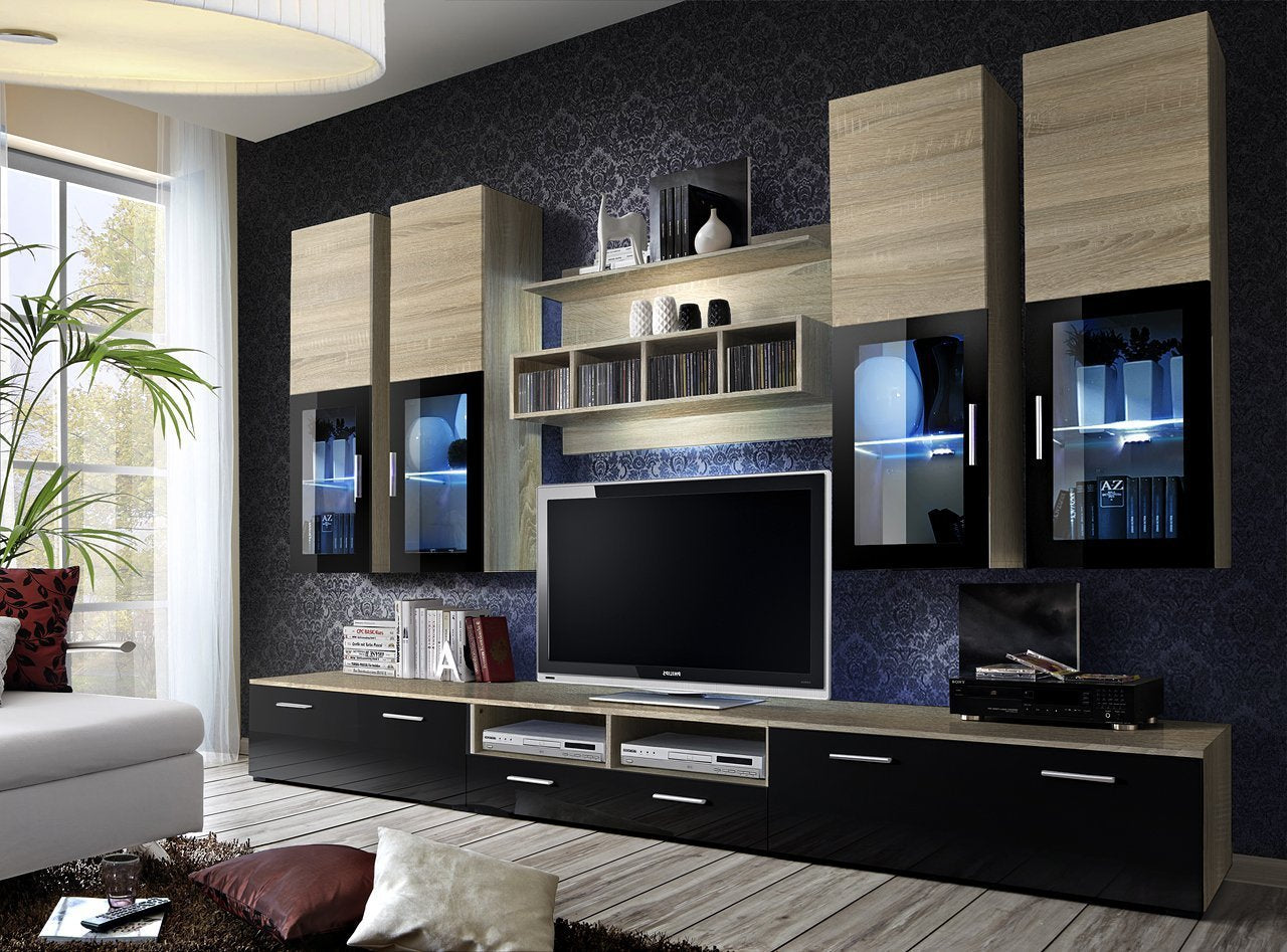 Harp Entertainment Unit - Black Gloss and Oak Sonoma