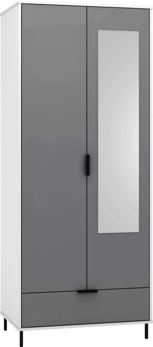 MANILA 2 Door Mirrored Wardrobe with 1 Drawer Grey and White Gloss - 81cm