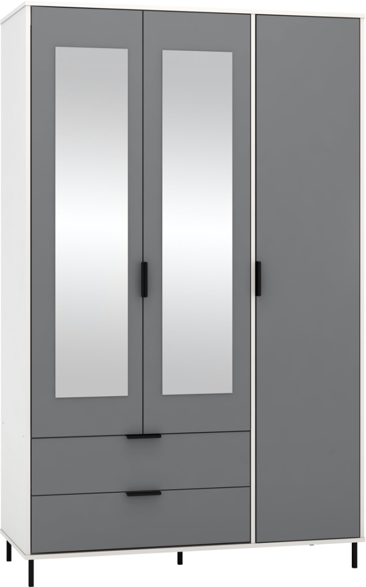 MANILA 3 Door Mirrored Wardrobe with 2 Drawers Grey and White Gloss - 121.5cm