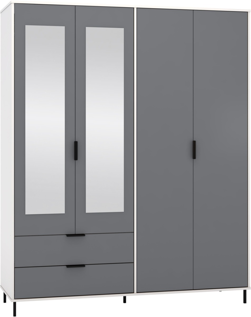 MANILA 4 Door Mirrored Wardrobe with 2 Drawers Grey and White Gloss - 160cm