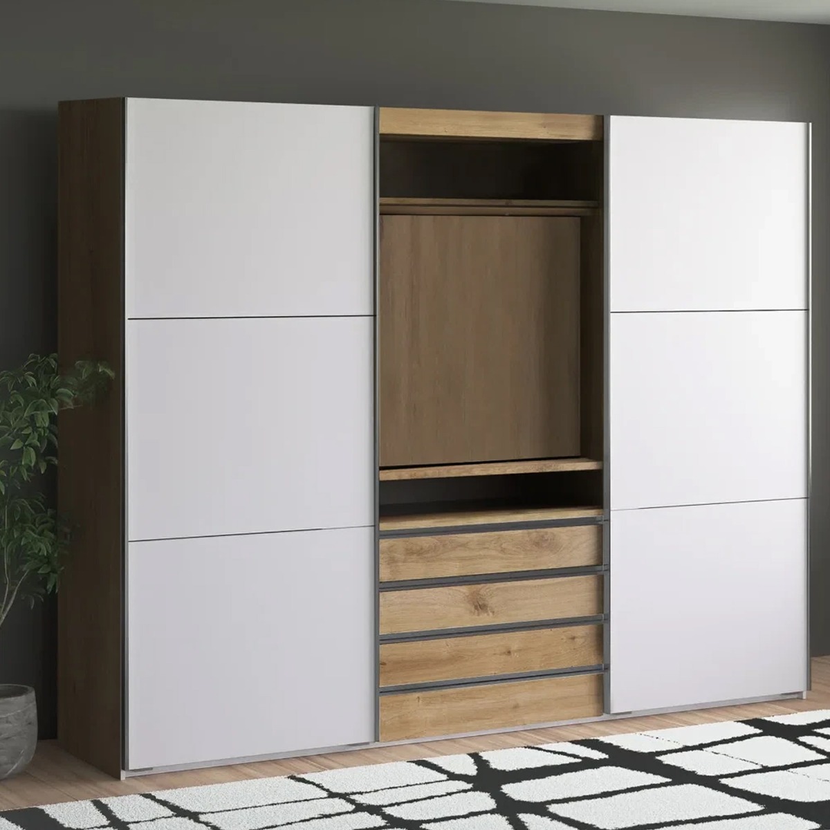MAGICA 2 Door Sliding Wardrobe with 4 Drawers Light Oak with White - 300cm