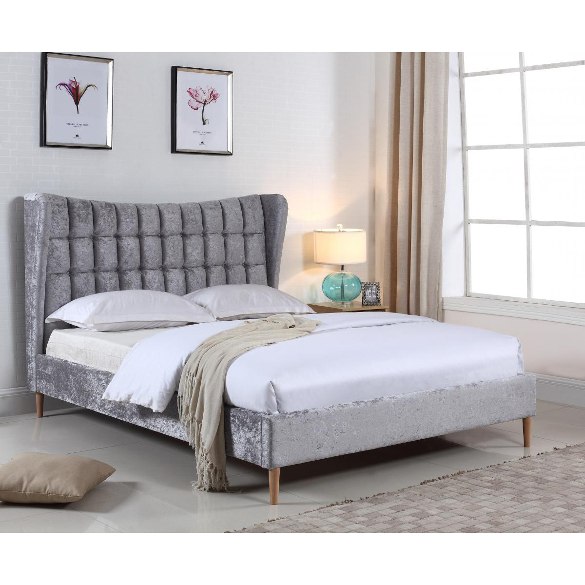 Andalusia Silver Crushed Velvet Bed Frame Elegance Headboard and Comfort Combined - King Size