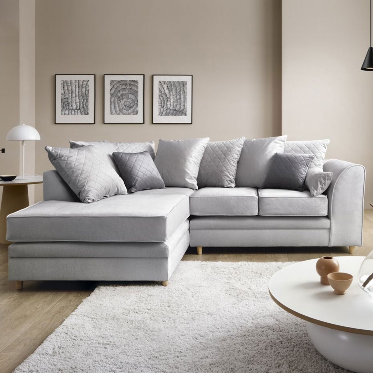 BETHAN Velvet Corner Sofa - Left Arm Light Grey