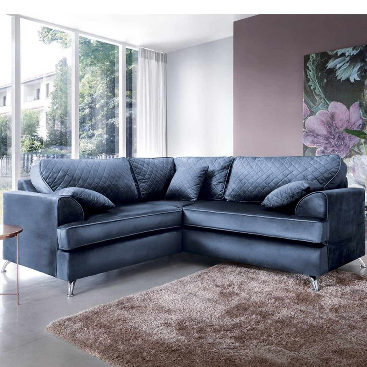 VIAMI Velvet 5 Seater L Shaped Fullback Corner Sofa - Oxford Blue