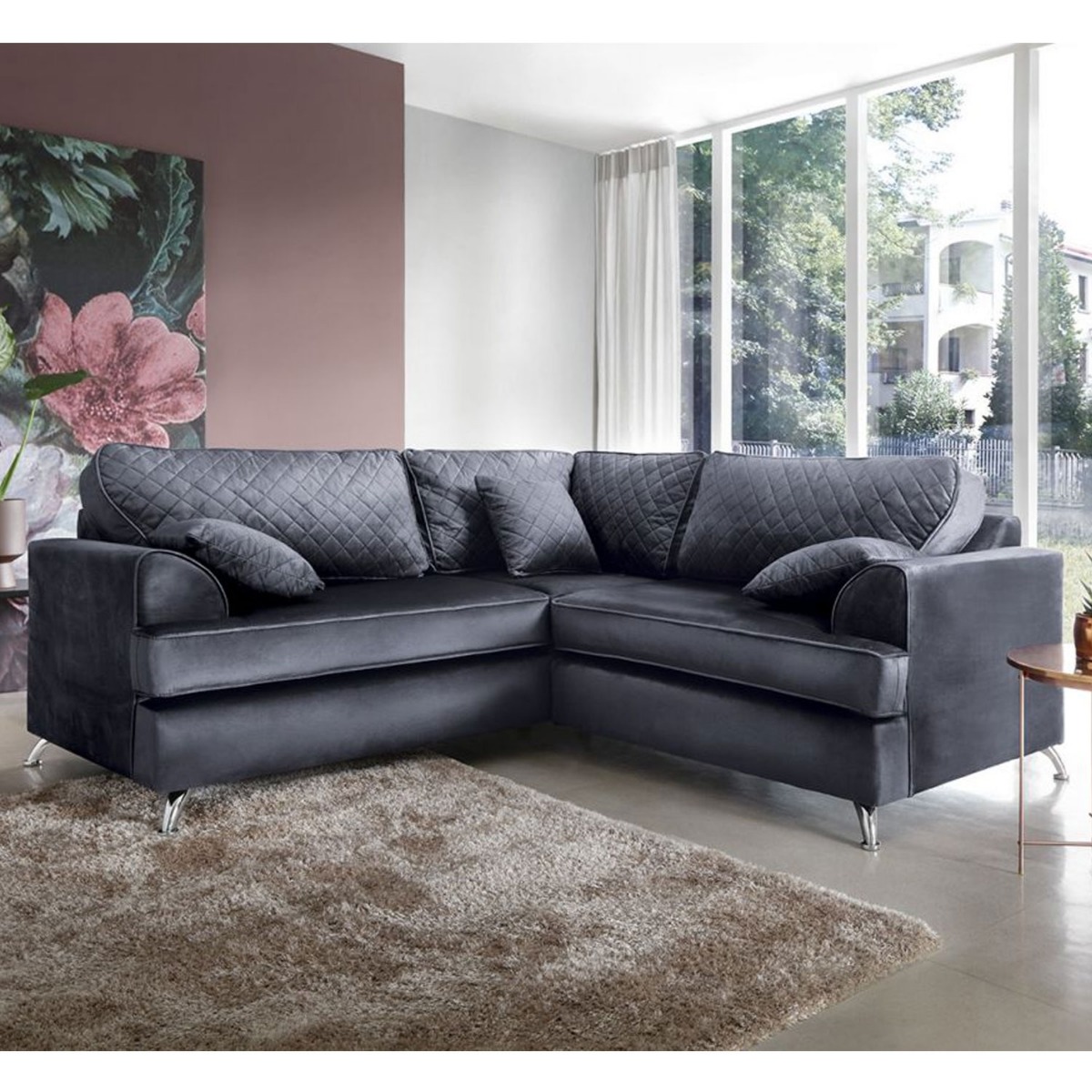 VIAMI Velvet 5 Seater L Shaped Fullback Corner Sofa - Dark Grey