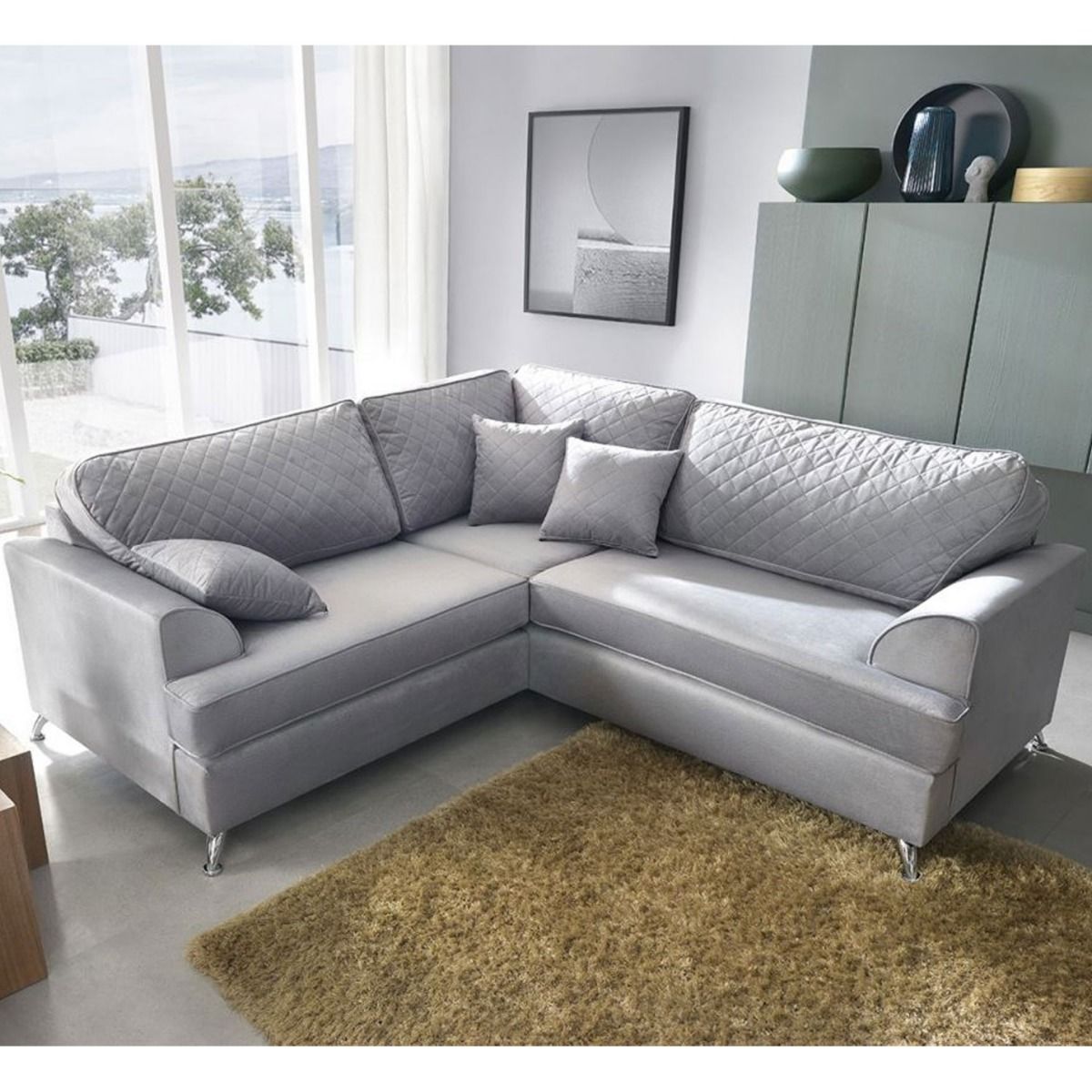 VIAMI Velvet 5 Seater L Shaped Fullback Corner Sofa - Light Grey