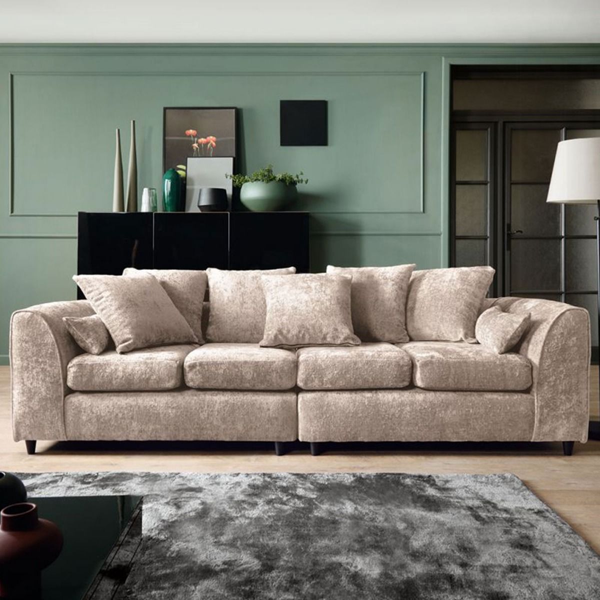 GILLIVER Crushed Chenille Fabric 4 Seater Scatterback Sofa - Cream