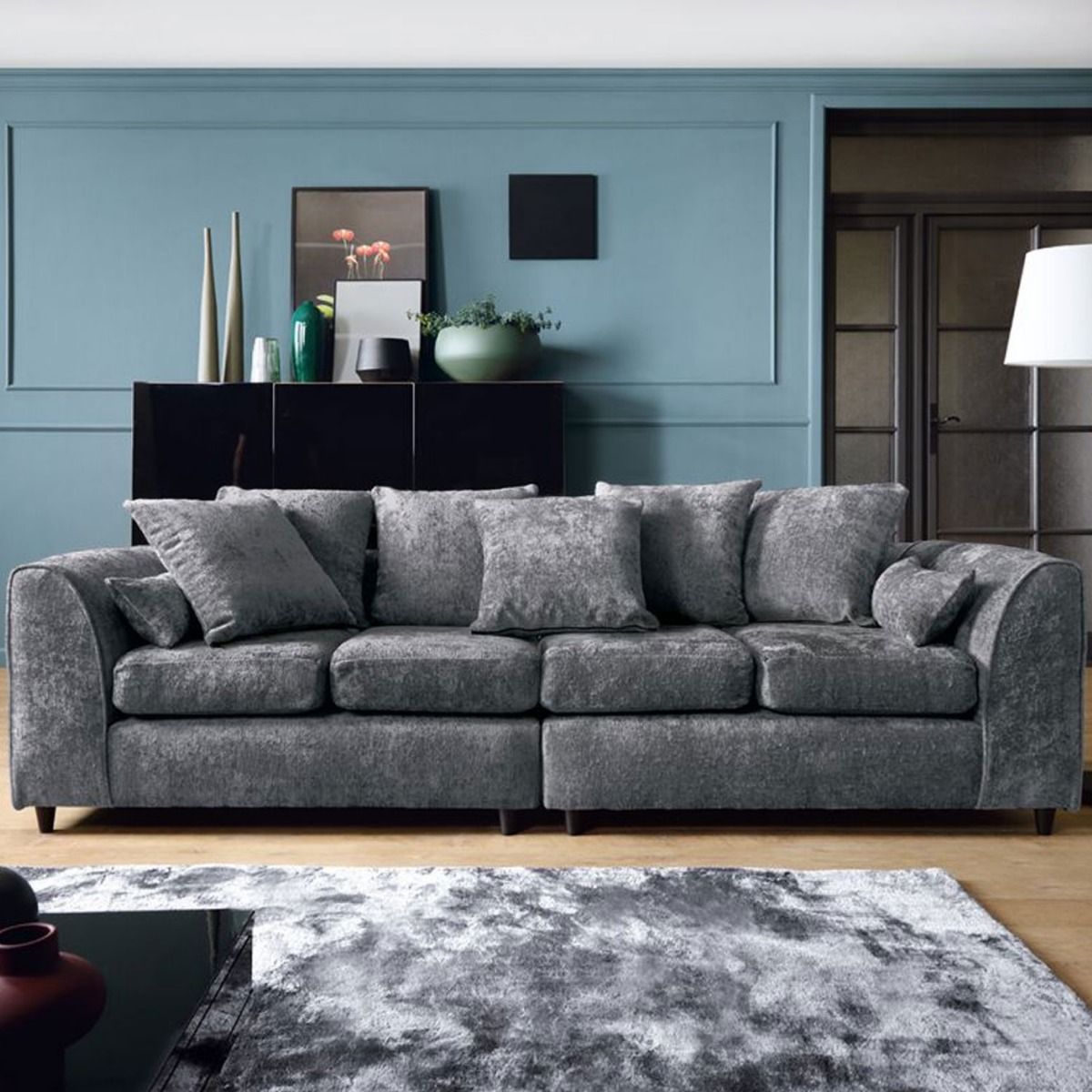 GILLIVER Crushed Chenille Fabric 4 Seater Scatterback Sofa - Dark Grey