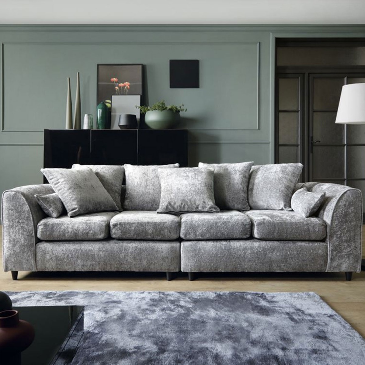 GILLIVER Crushed Chenille Fabric 4 Seater Scatterback Sofa - Light Grey