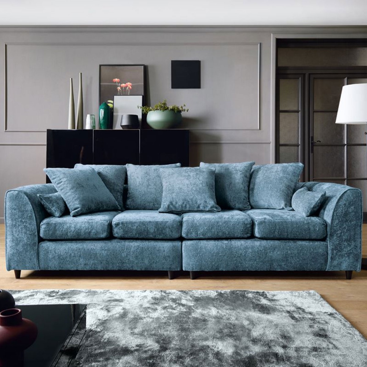 GILLIVER Crushed Chenille Fabric 4 Seater Scatterback Sofa - Dark Blue