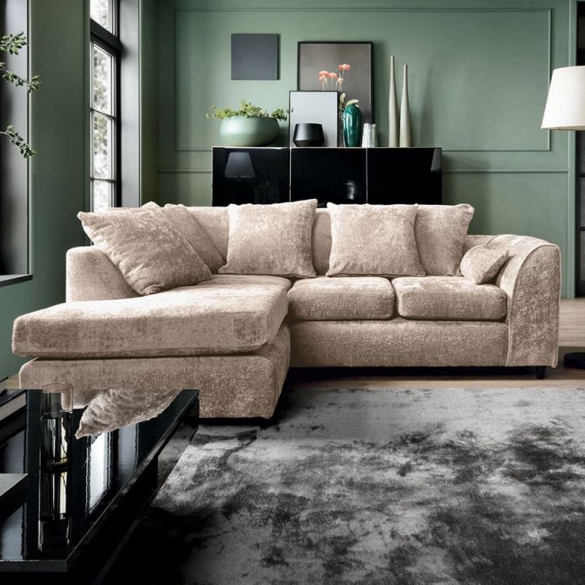GILLIVER Crushed Chenille Fabric 4 Seater L Shaped - Left Hand Facing Corner Sofa - Cream