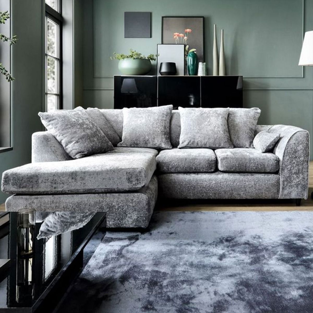 GILLIVER Crushed Chenille Fabric 4 Seater L Shaped - Left Hand Facing Corner Sofa - Light Grey