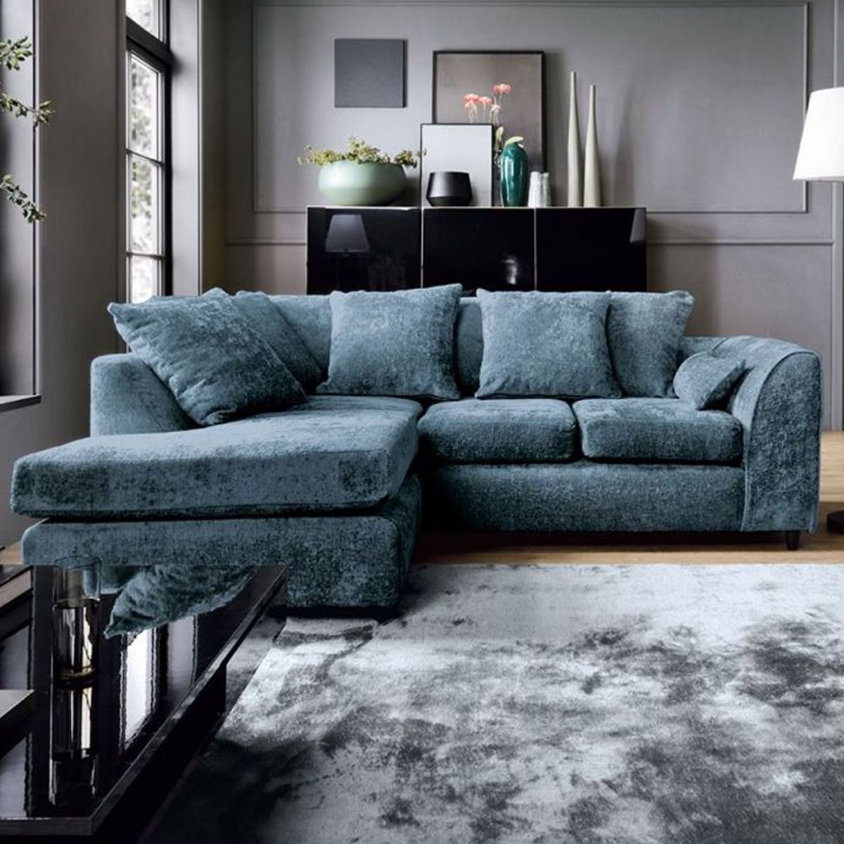 GILLIVER Crushed Chenille Fabric 4 Seater L Shaped - Left Hand Facing Corner Sofa - Dark Blue