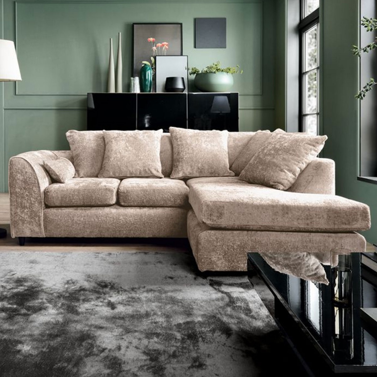 GILLIVER Crushed Chenille Fabric 4 Seater L Shaped - Right Hand Facing Corner Sofa - Cream