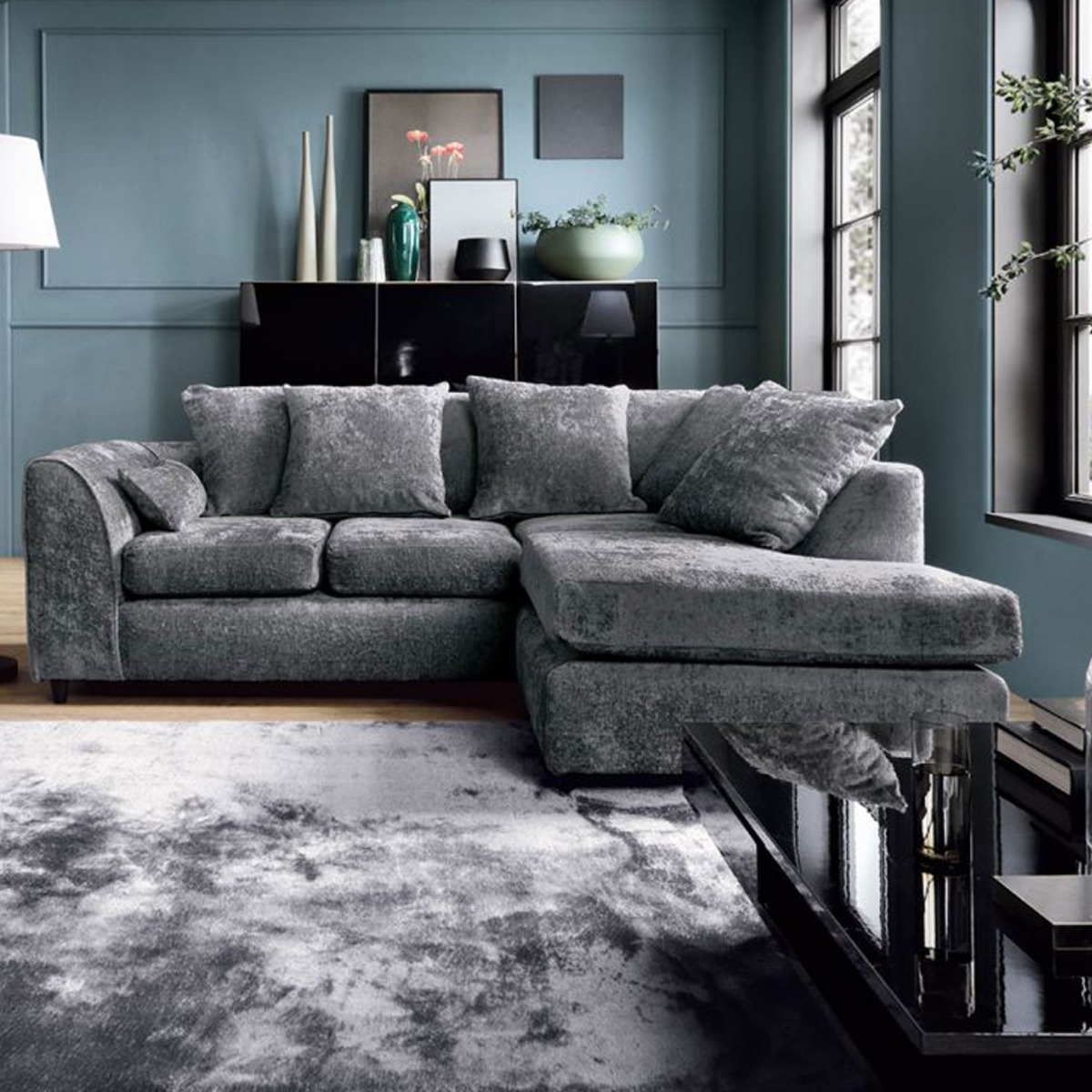 GILLIVER Crushed Chenille Fabric 4 Seater L Shaped - Right Hand Facing Corner Sofa - Dark Grey