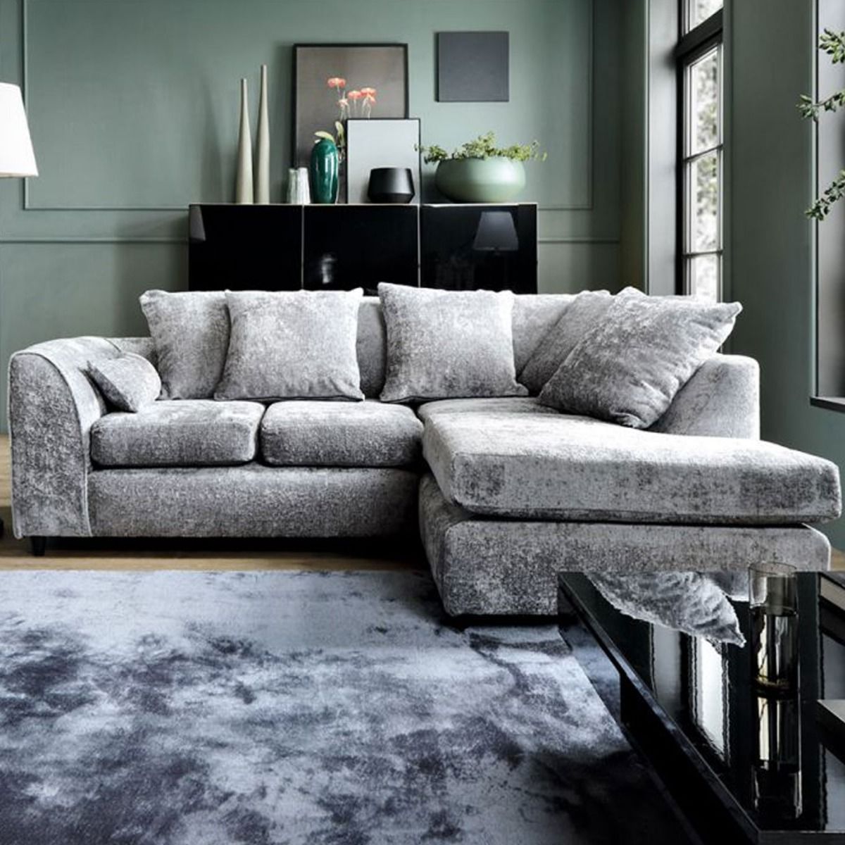 GILLIVER Crushed Chenille Fabric 4 Seater L Shaped - Right Hand Facing Corner Sofa - Light Grey