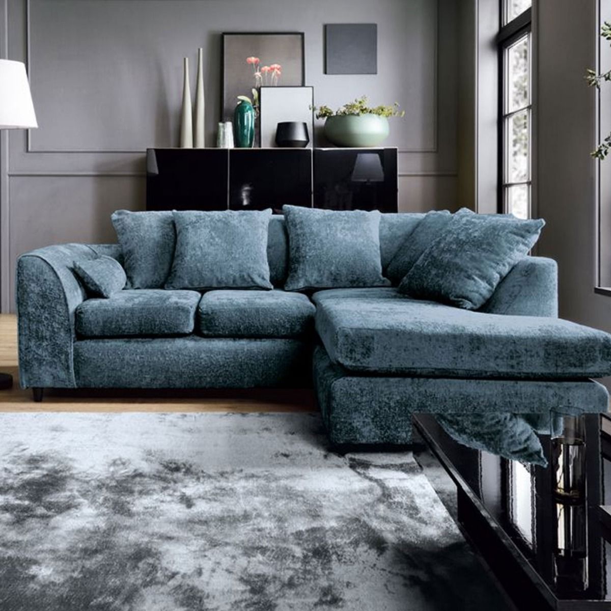 GILLIVER Crushed Chenille Fabric 4 Seater L Shaped - Right Hand Facing Corner Sofa - Dark Blue