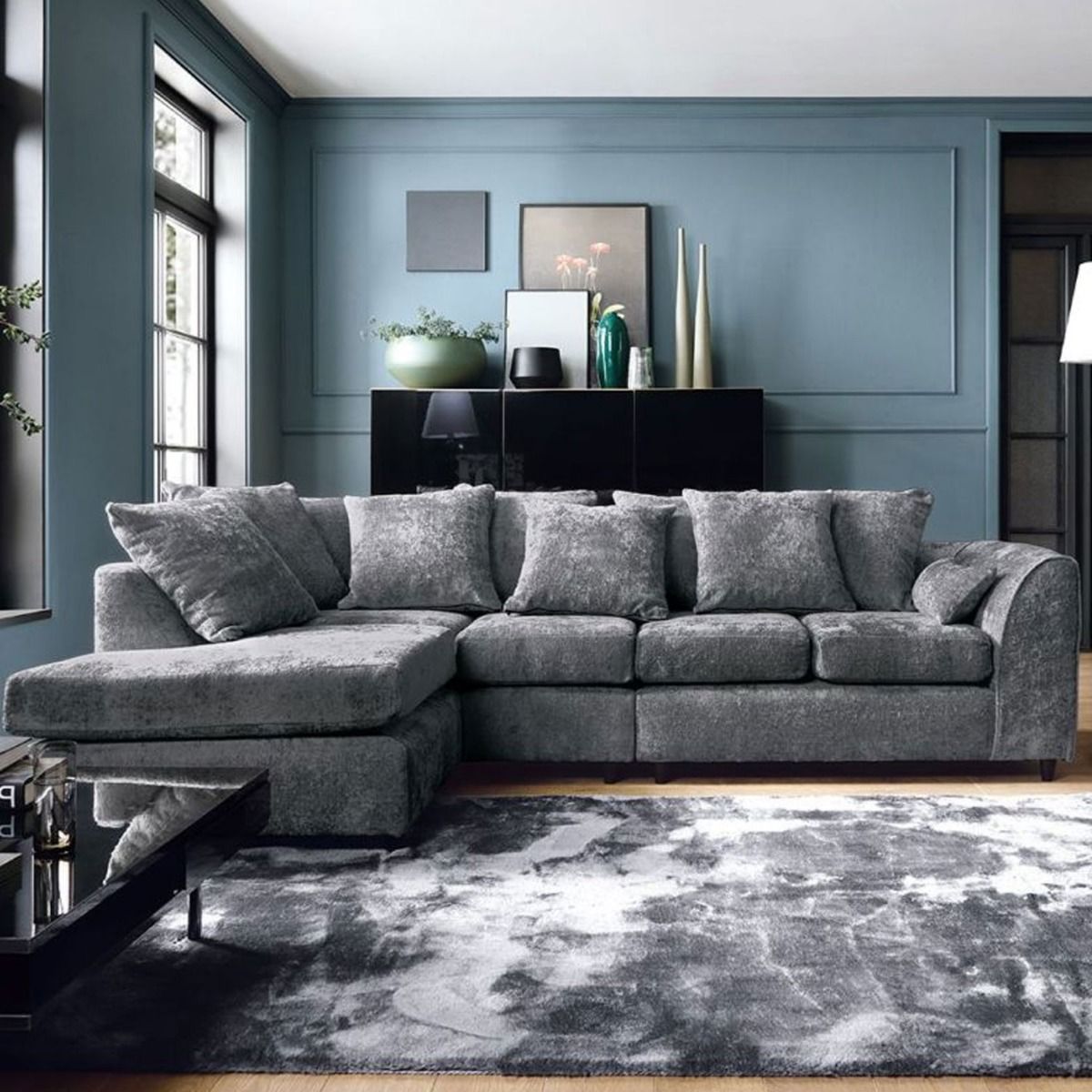 GILLIVER Crushed Chenille Fabric 5 Seater L Shaped - Left Hand Facing Corner Sofa - Dark Grey