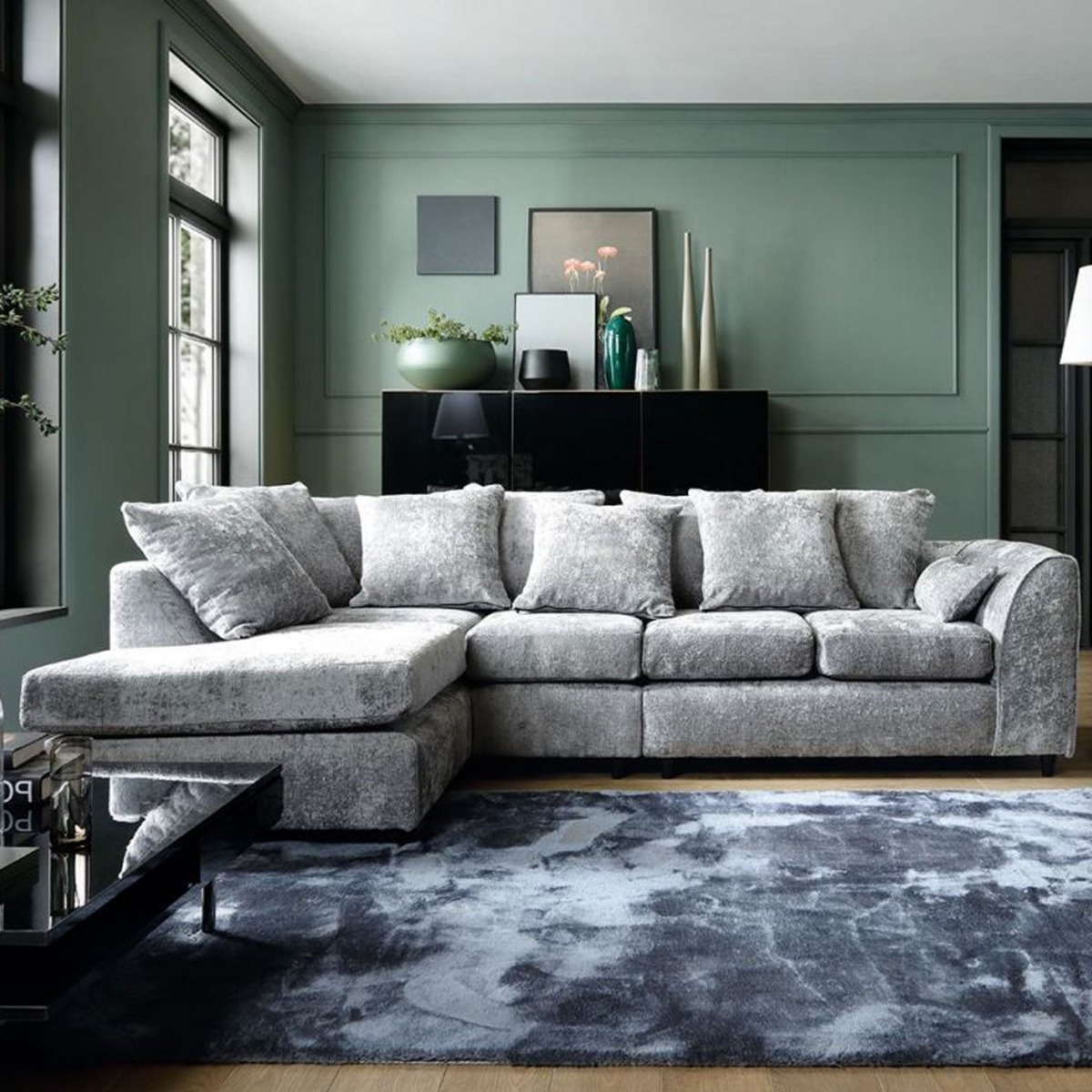 GILLIVER Crushed Chenille Fabric 5 Seater L Shaped - Left Hand Facing Corner Sofa - Light Grey