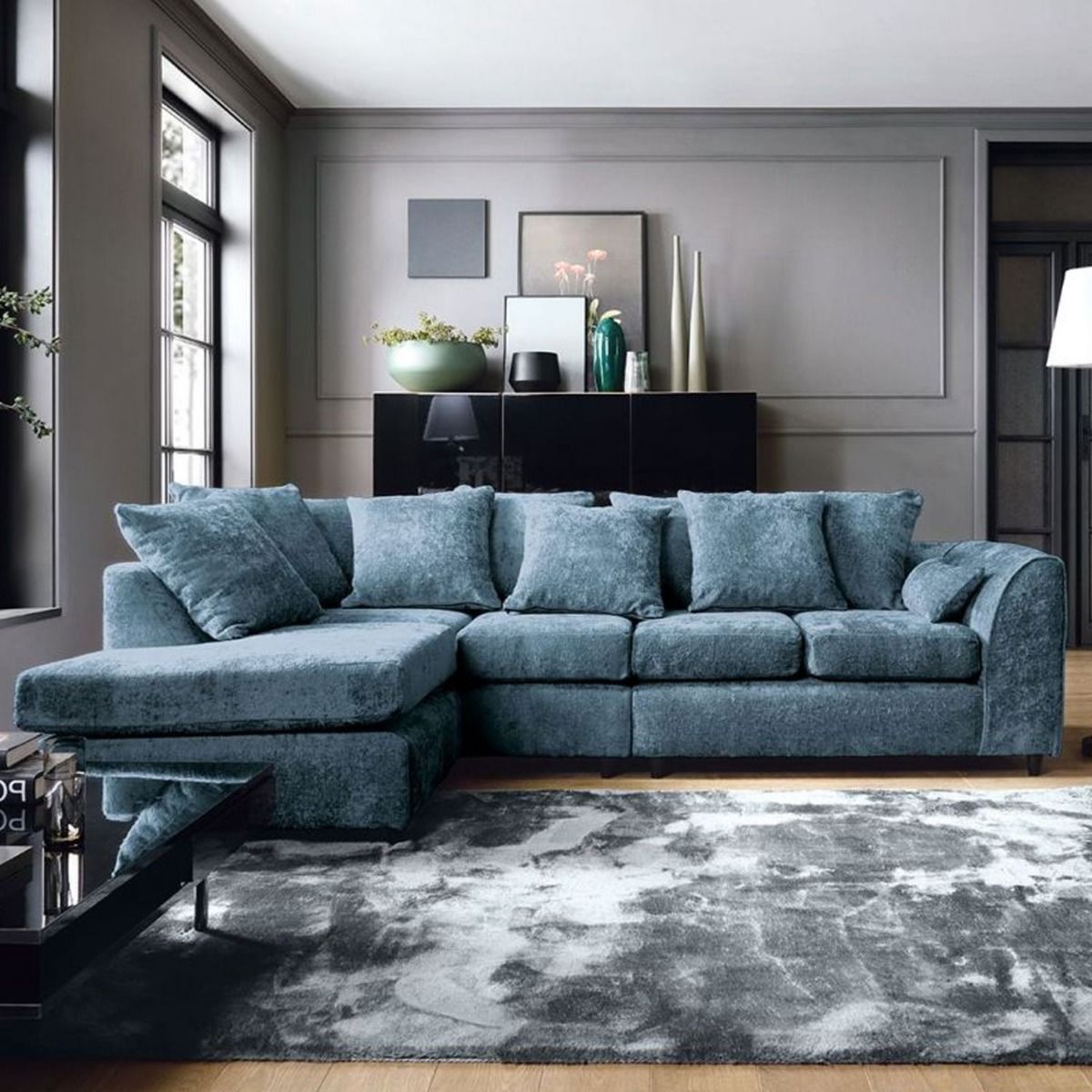 GILLIVER Crushed Chenille Fabric 5 Seater L Shaped - Left Hand Facing Corner Sofa - Dark Blue