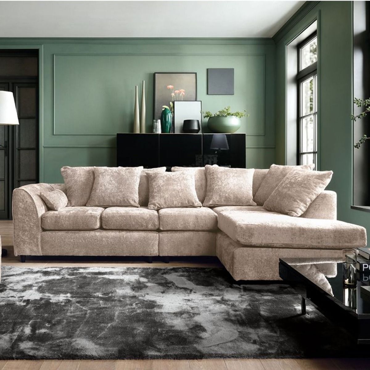 GILLIVER Crushed Chenille Fabric 5 Seater L Shaped - Right Hand Facing Corner Sofa - Cream