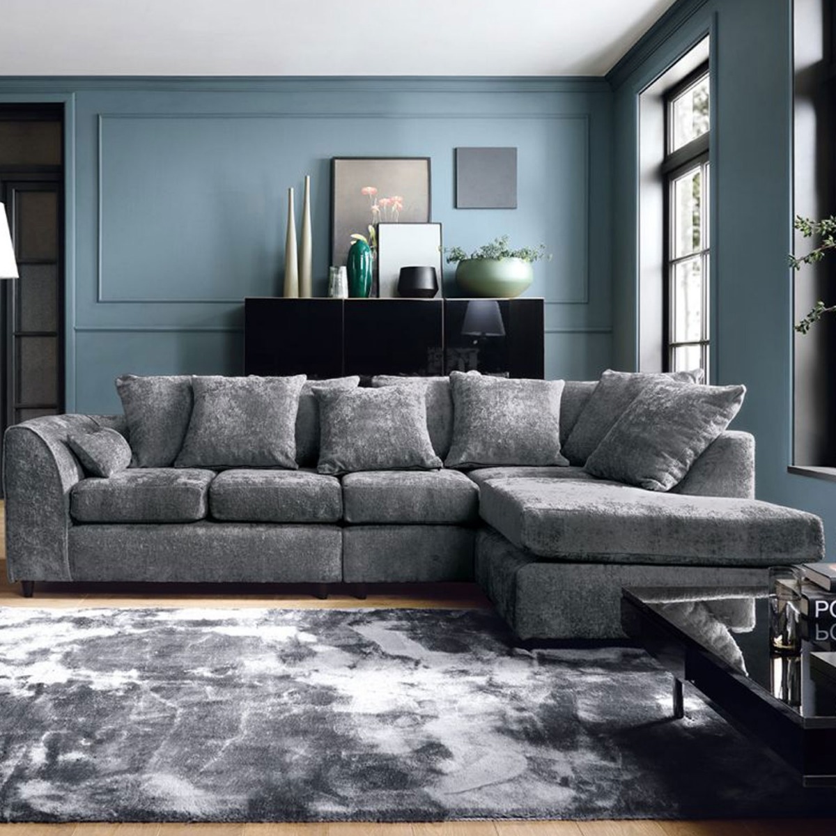 GILLIVER Crushed Chenille Fabric 5 Seater L Shaped - Right Hand Facing Corner Sofa - Dark Grey