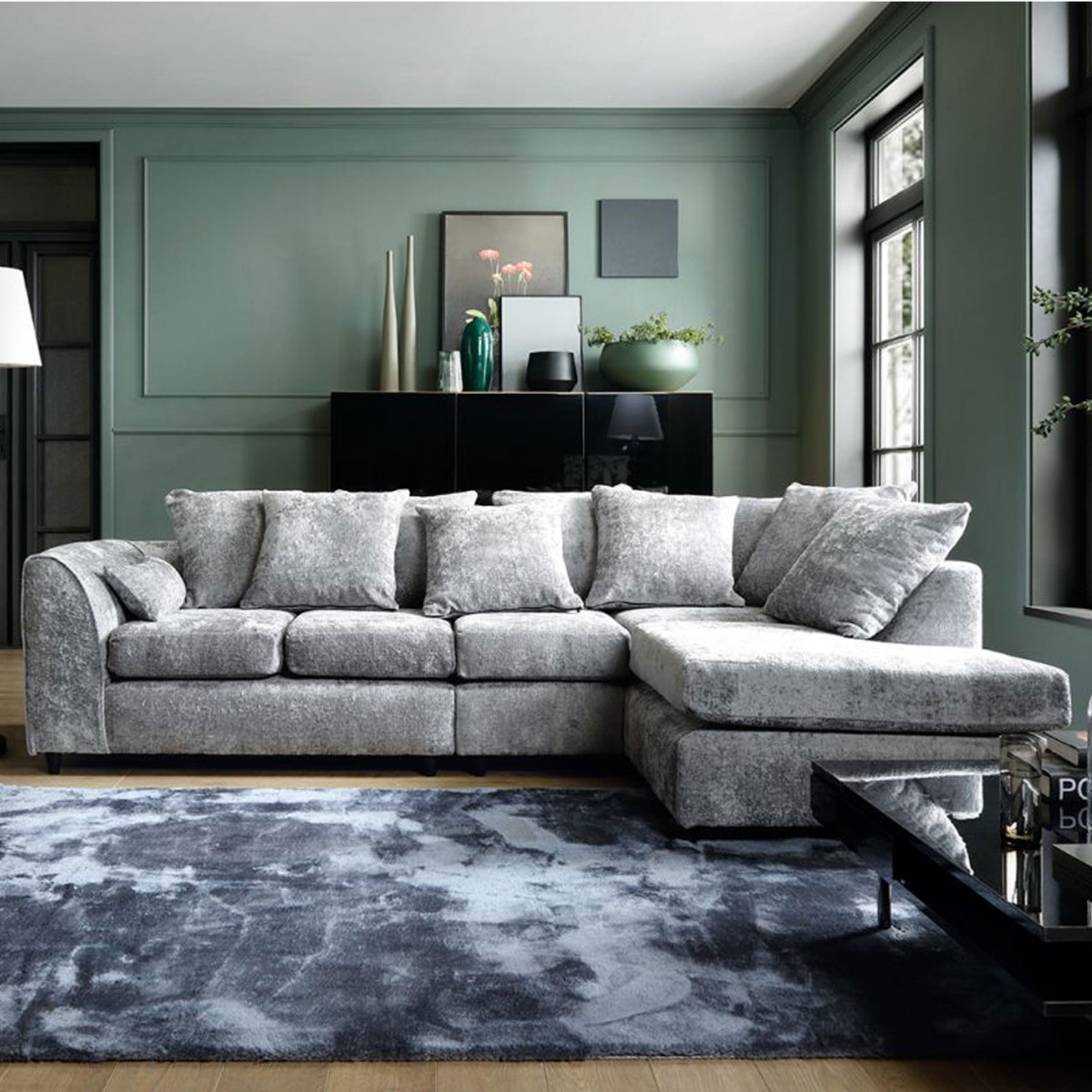 GILLIVER Crushed Chenille Fabric 5 Seater L Shaped - Right Hand Facing Corner Sofa - Light Grey