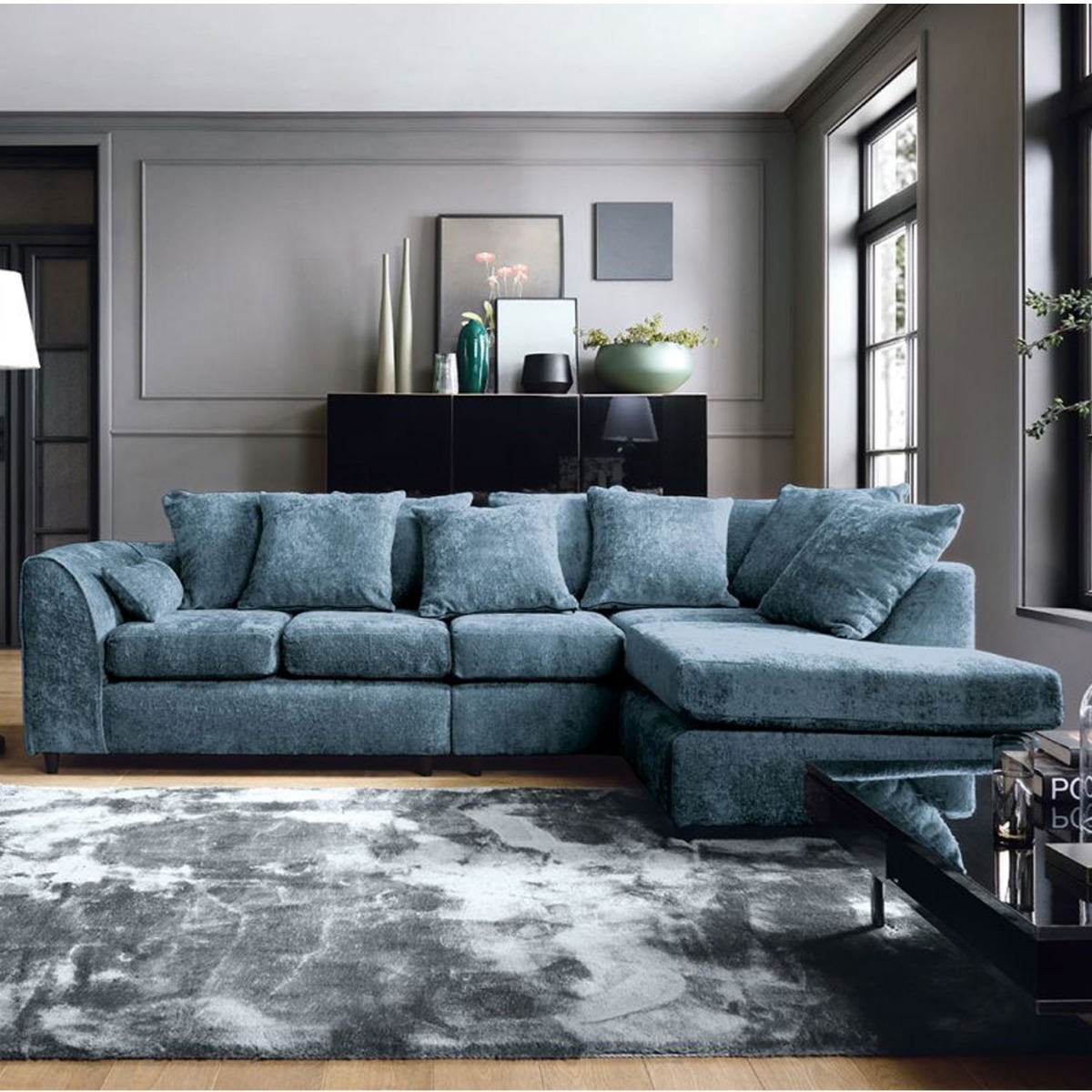 GILLIVER Crushed Chenille Fabric 5 Seater L Shaped - Right Hand Facing Corner Sofa - Dark Blue