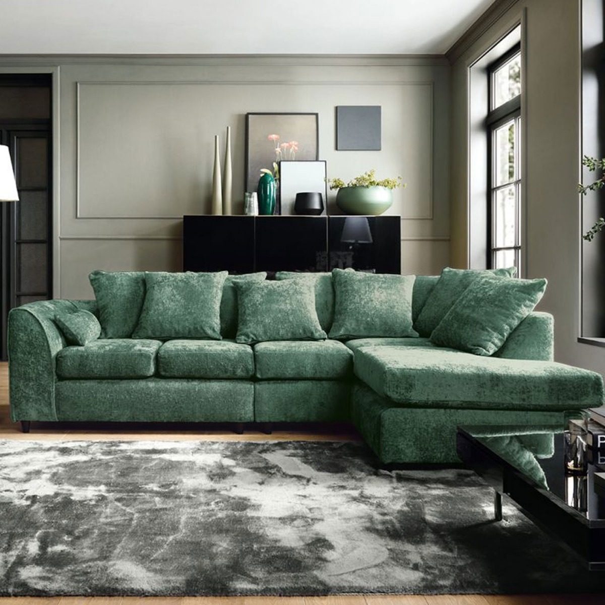 GILLIVER Crushed Chenille Fabric 5 Seater L Shaped - Right Hand Facing Corner Sofa - Rifle Green