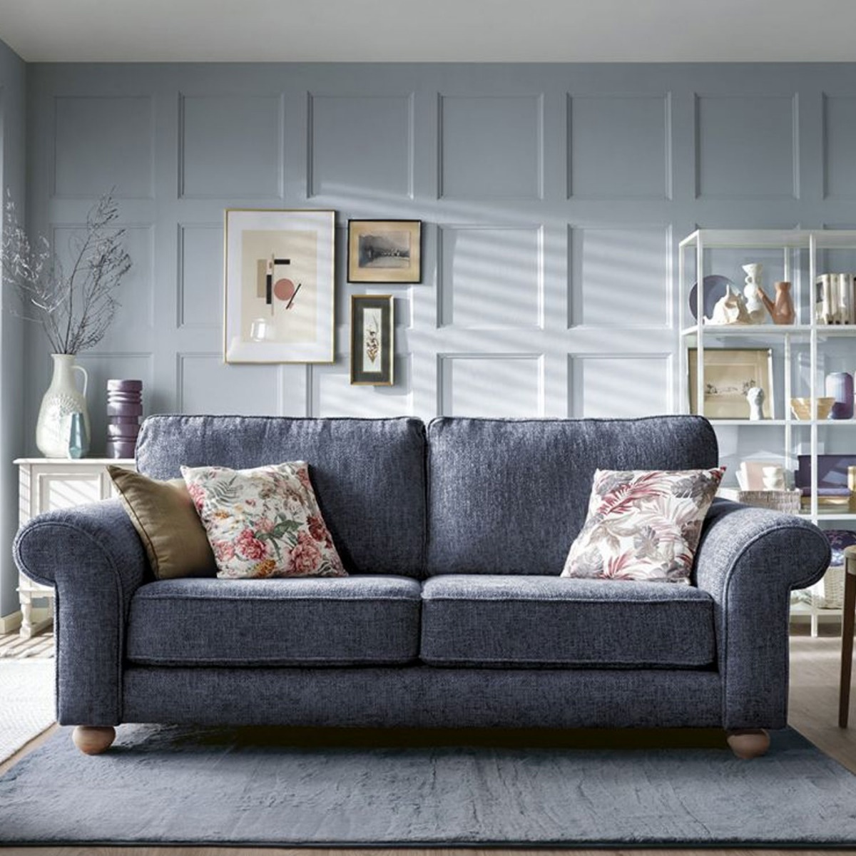 ZAZZLES Chenille Fabric 3 Seater Fullback Sofa - Dark Blue