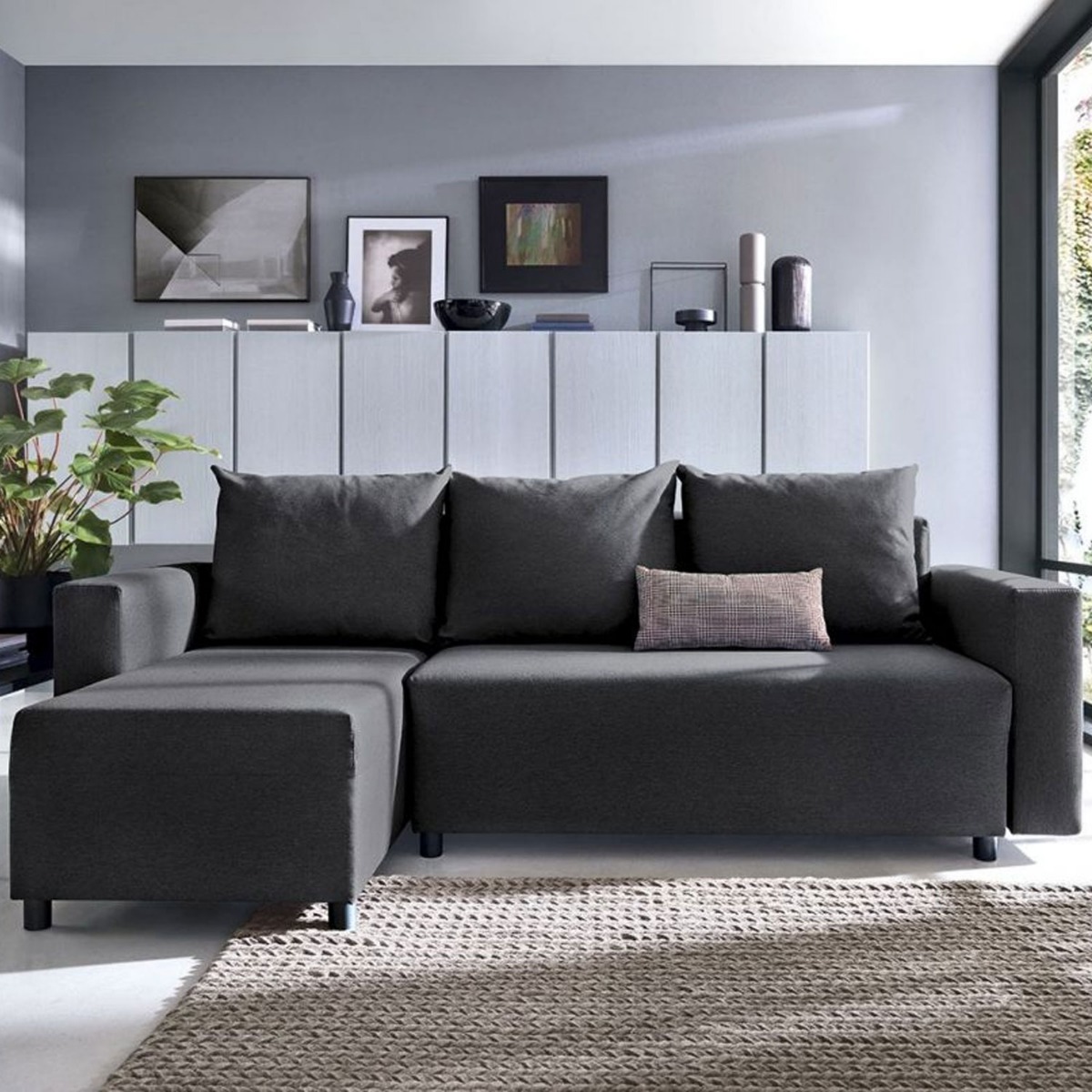 MILTON Fabric 4 Seater L Shaped - Left Hand Facing Corner Sofa - Black