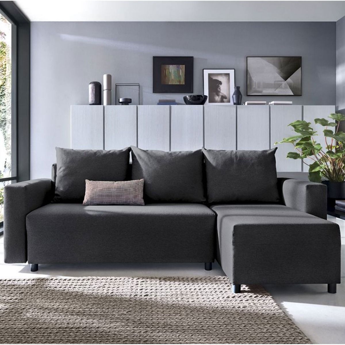 MILTON Fabric 4 Seater L Shaped - Right Hand Facing Corner Sofa - Black