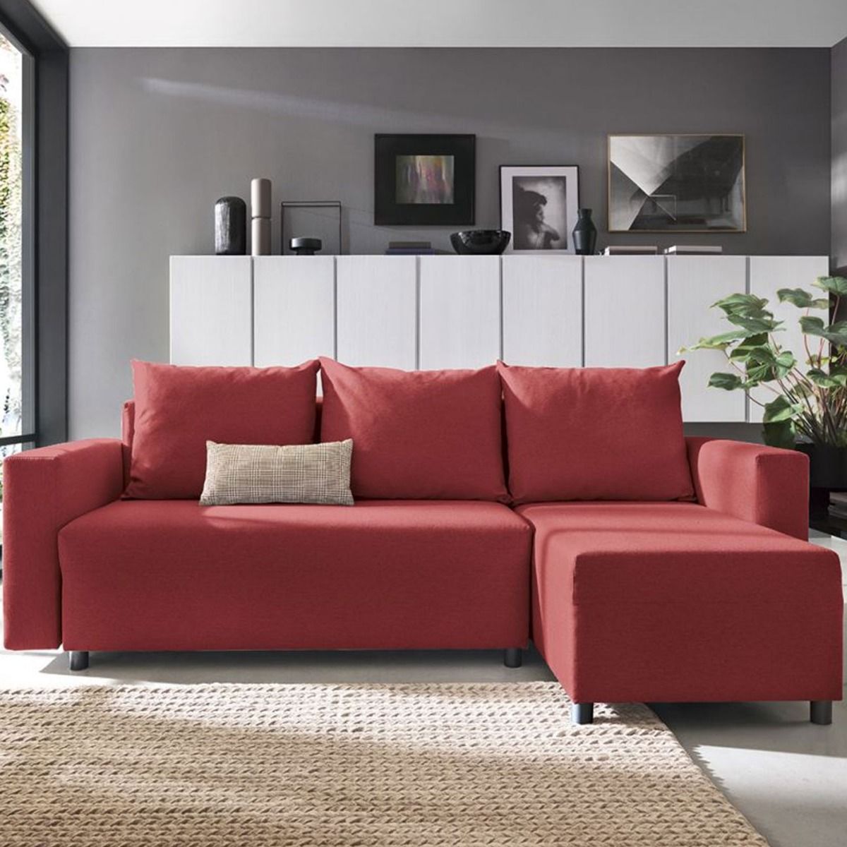 MILTON Fabric 4 Seater L Shaped - Right Hand Facing Corner Sofa - Red