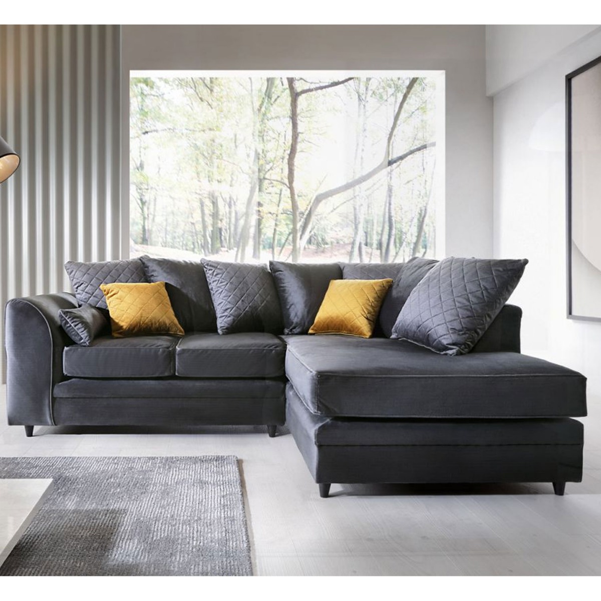 BETHAN Velvet Corner Sofa - Right Arm Dark Grey