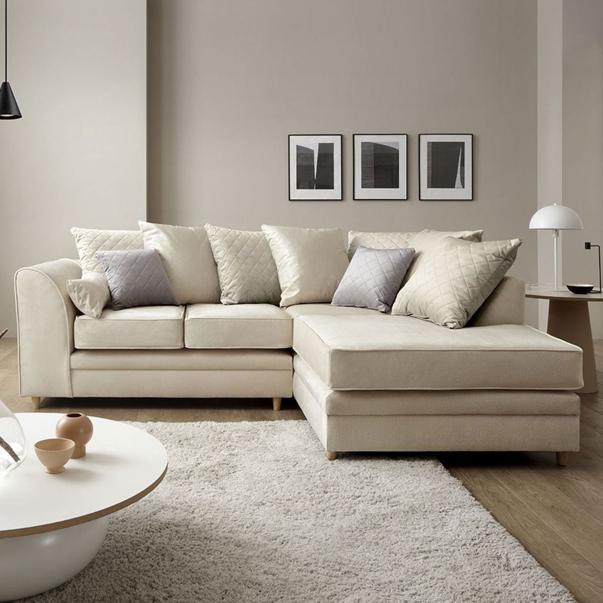BETHAN Velvet Corner Sofa - Right Arm Cream
