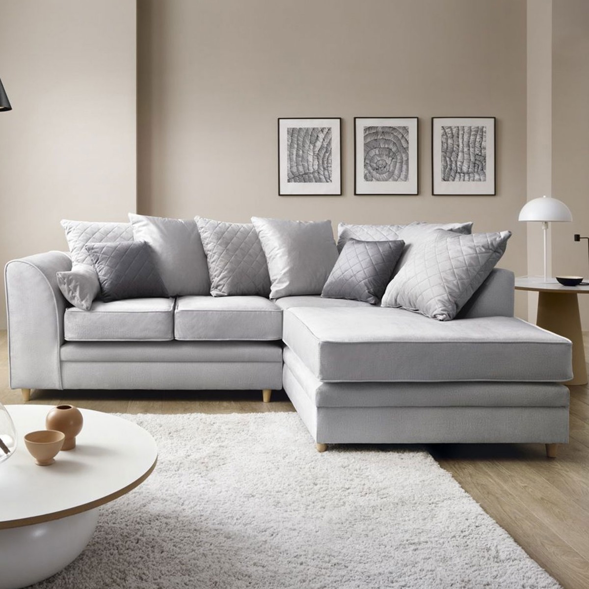 BETHAN Velvet Corner Sofa - Right Arm Light Grey