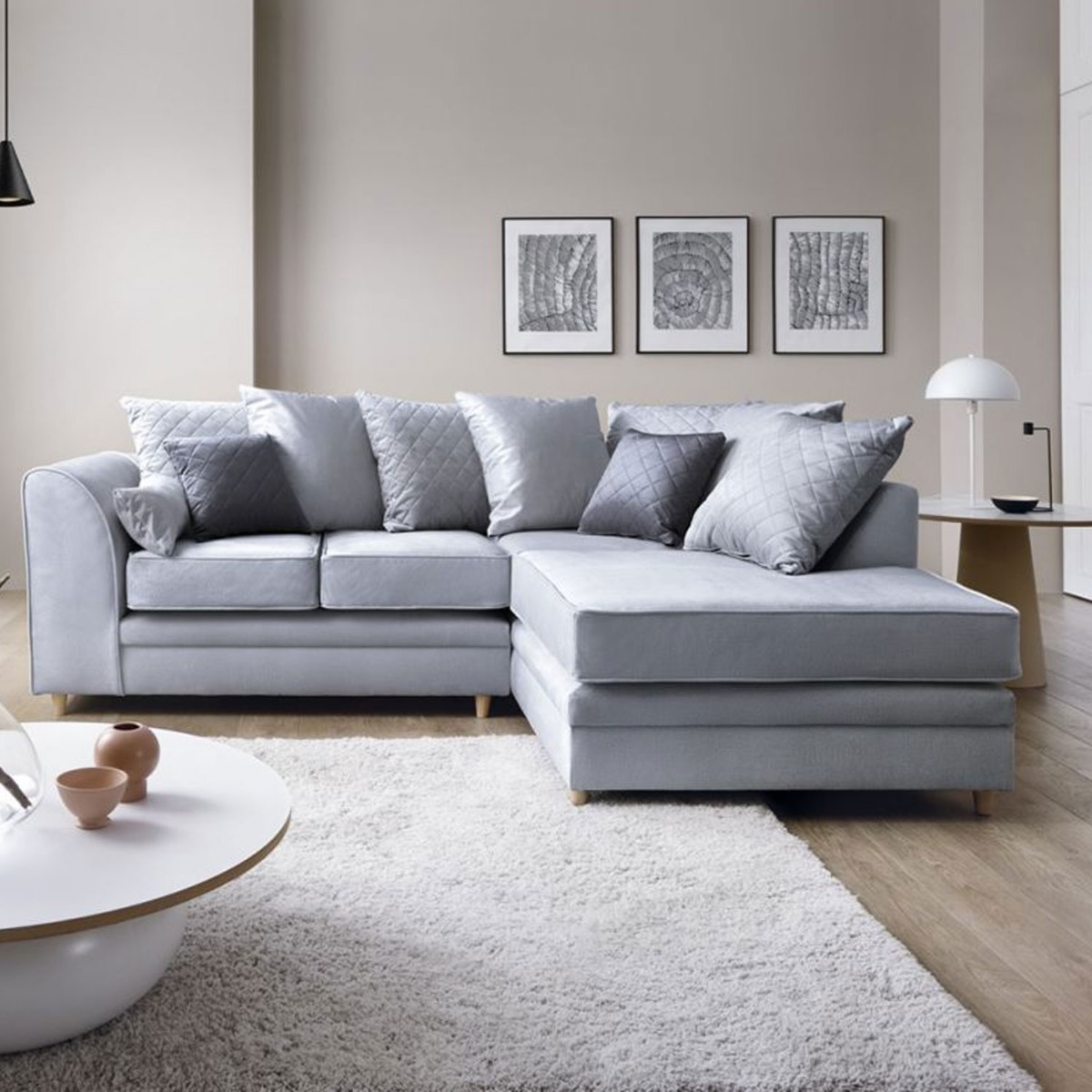BETHAN Velvet Corner Sofa - Right Arm Silver Blue